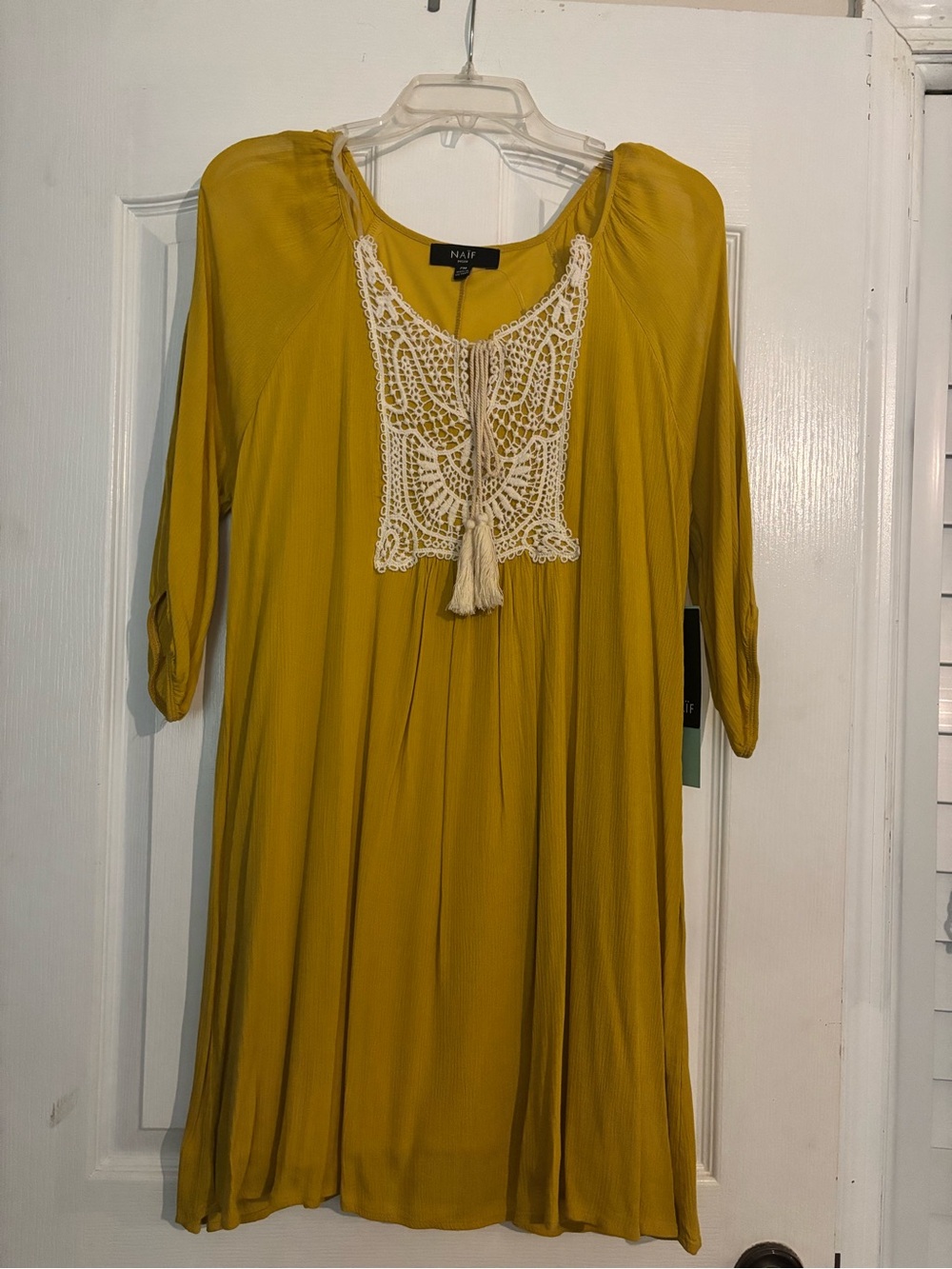 NAIF Mustard Yellow Crochet-Accent Dress with Open Sleeves